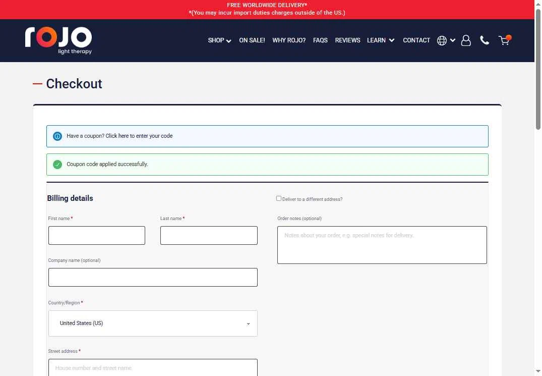 Rojo Light Therapy checkout page showing Rojo Light Therapy discount code box | Screenshot taken by SimplyCodes community member on Feb 5, 2026