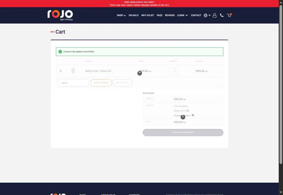 Rojo Light Therapy checkout page showing Rojo Light Therapy discount code box | Screenshot taken by SimplyCodes community member on Feb 6, 2026