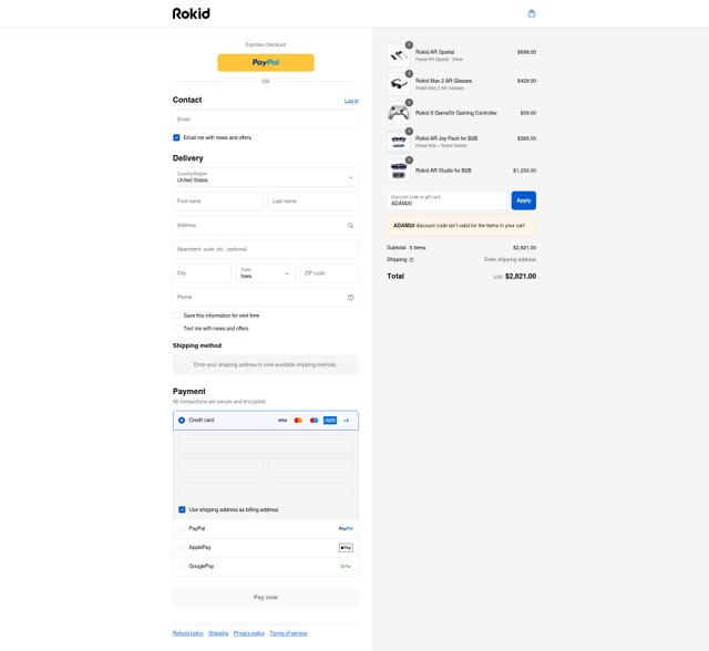 Rokid checkout page showing Rokid discount code box | Screenshot taken by SimplyCodes community member on Sep 6, 2025