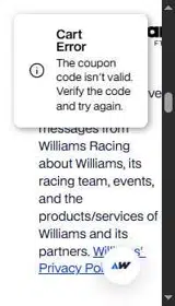 Williams Racing coupon verification screenshot
