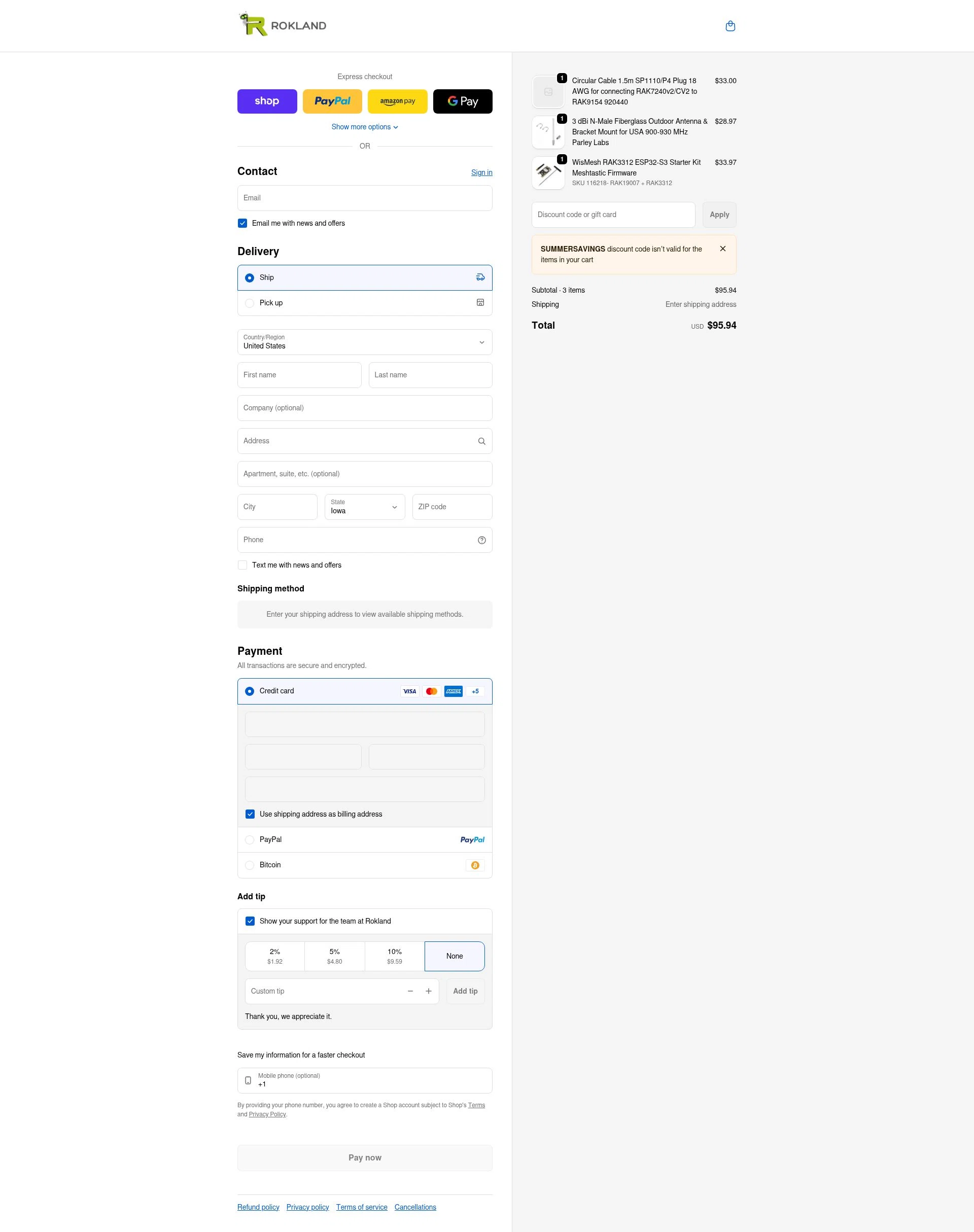 Rokland Technologies checkout page showing Rokland Technologies promo code box | Screenshot taken by SimplyCodes community member on Feb 5, 2026