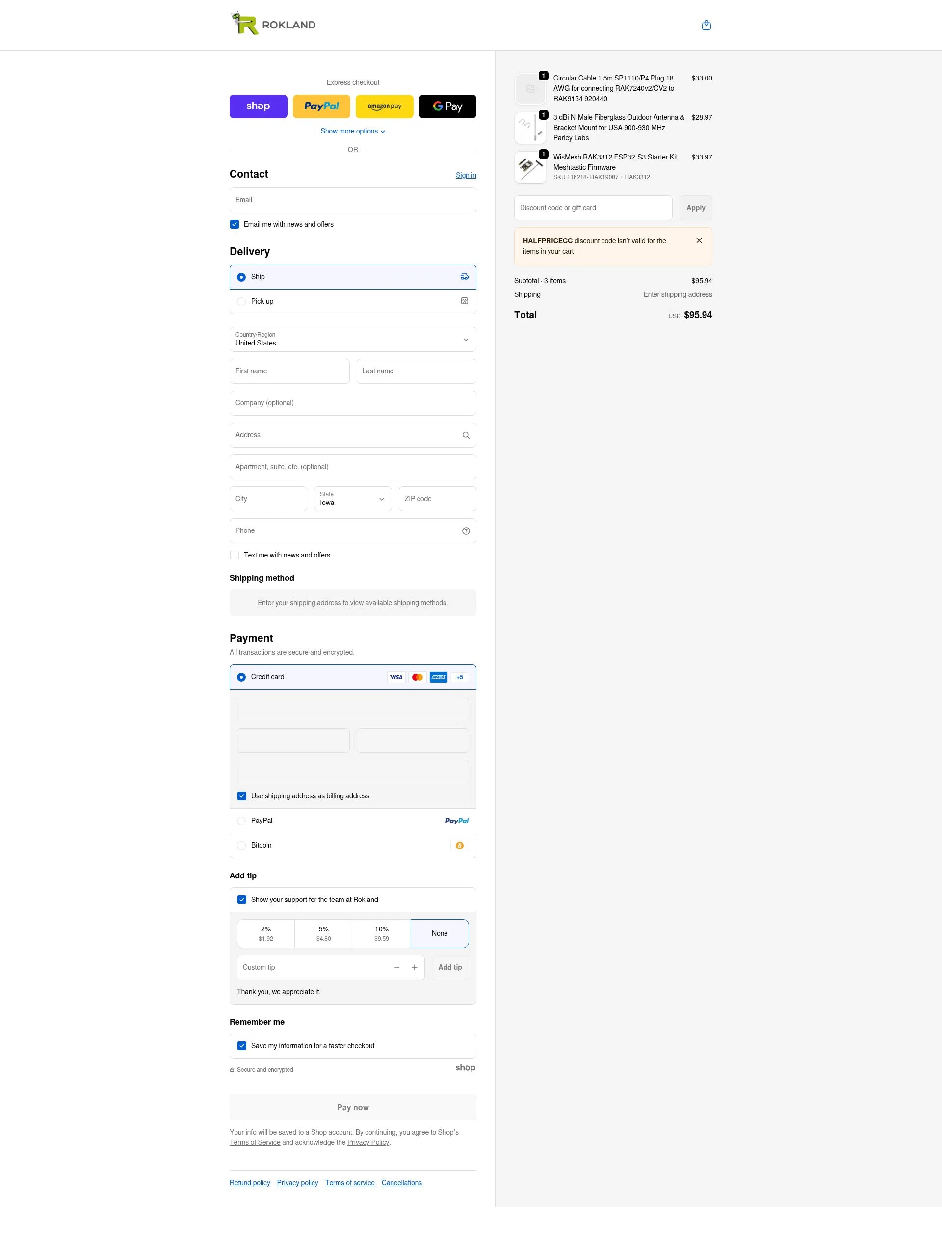 Rokland Technologies checkout page showing Rokland Technologies promo code box | Screenshot taken by SimplyCodes community member on Jan 27, 2026