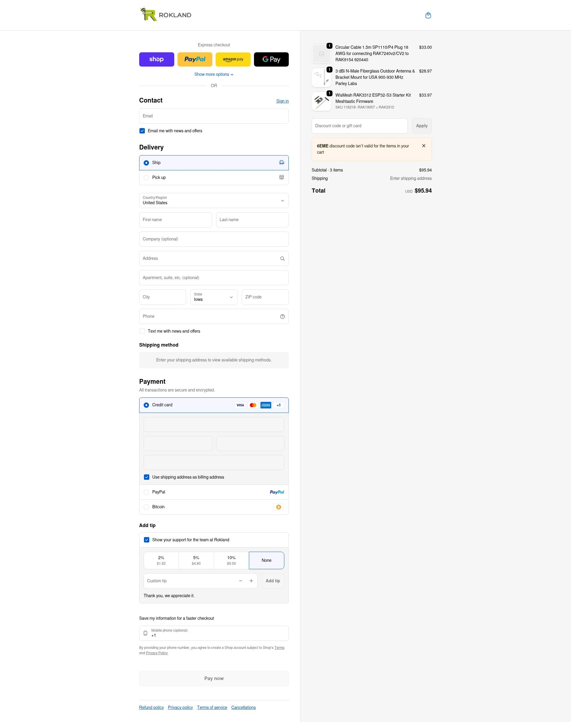 Rokland Technologies checkout page showing Rokland Technologies promo code box | Screenshot taken by SimplyCodes community member on Feb 1, 2026