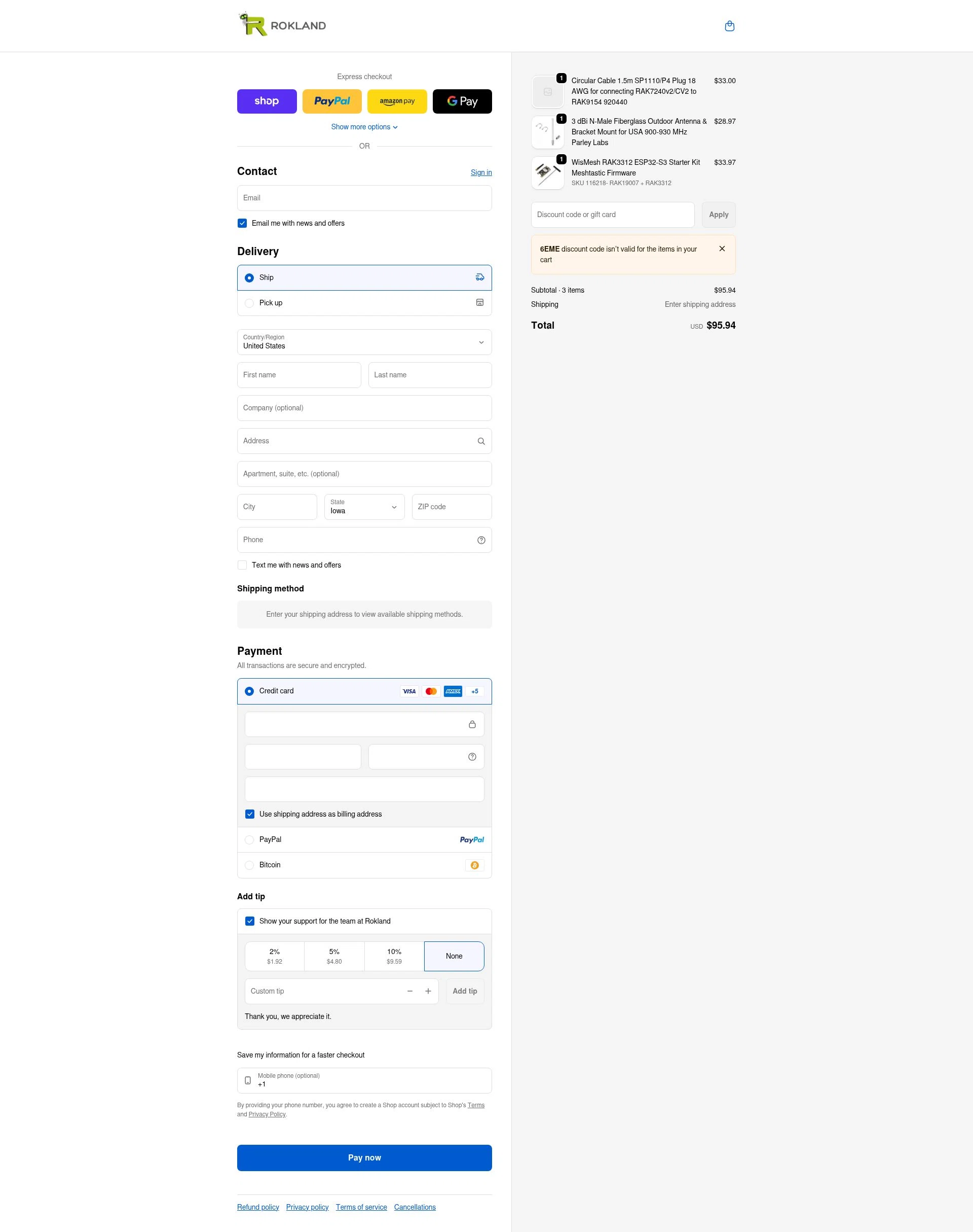 Rokland Technologies checkout page showing Rokland Technologies promo code box | Screenshot taken by SimplyCodes community member on Feb 5, 2026