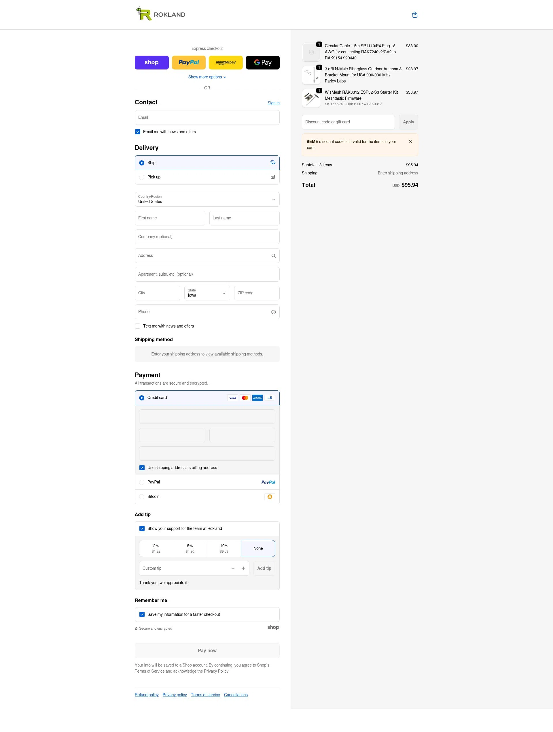 Rokland Technologies checkout page showing Rokland Technologies promo code box | Screenshot taken by SimplyCodes community member on Jan 27, 2026