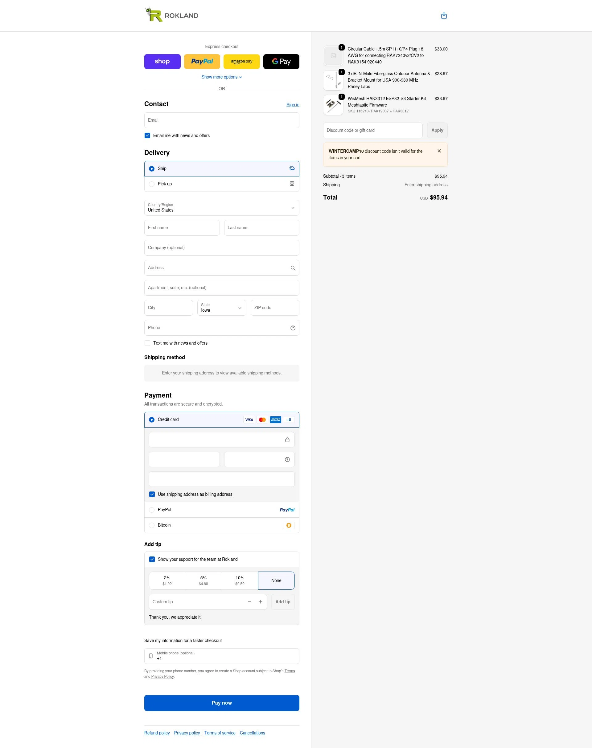 Rokland Technologies checkout page showing Rokland Technologies promo code box | Screenshot taken by SimplyCodes community member on Feb 1, 2026