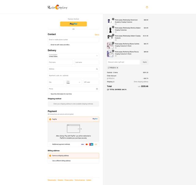 RoleCosplay checkout page showing RoleCosplay discount code box | Screenshot taken by SimplyCodes community member on Sep 11, 2025
