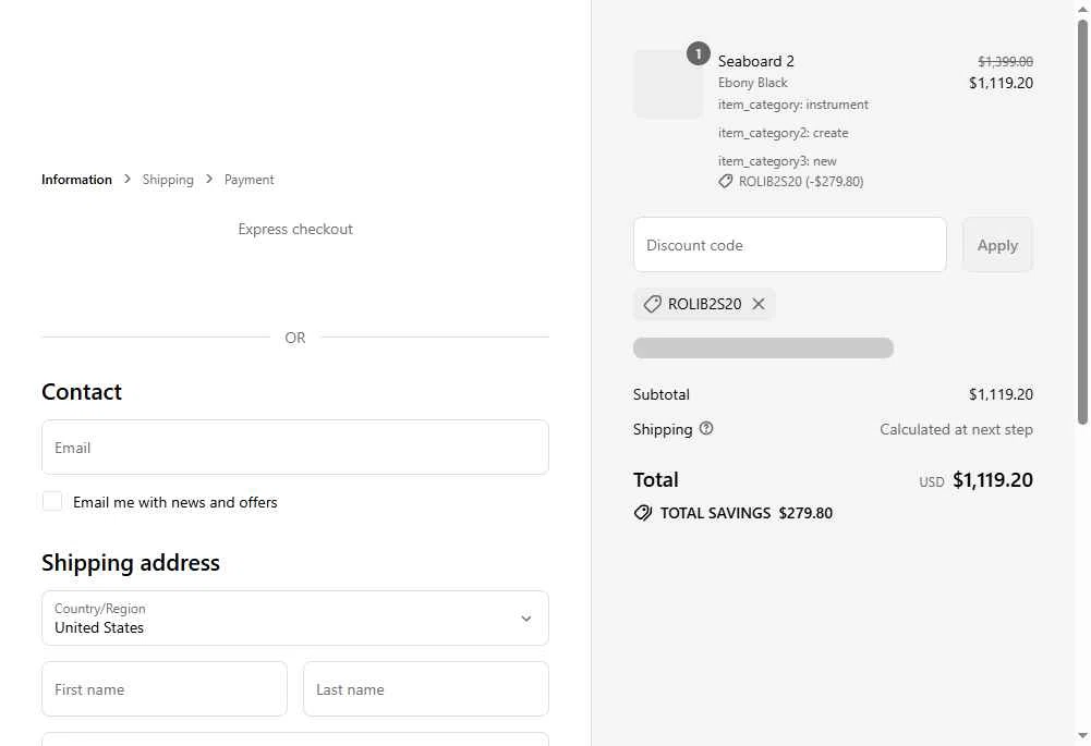 Roli checkout page showing Roli discount code box | Screenshot taken by SimplyCodes community member on Sep 5, 2025