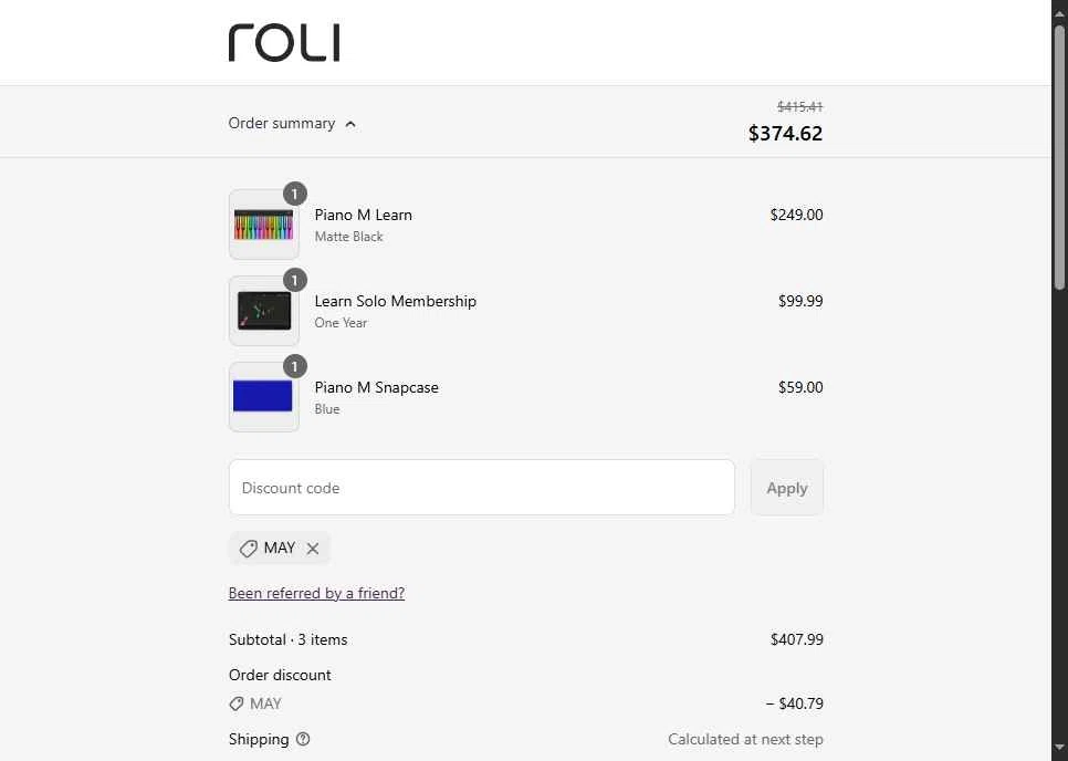 Roli checkout page showing Roli discount code box | Screenshot taken by SimplyCodes community member on Aug 15, 2025