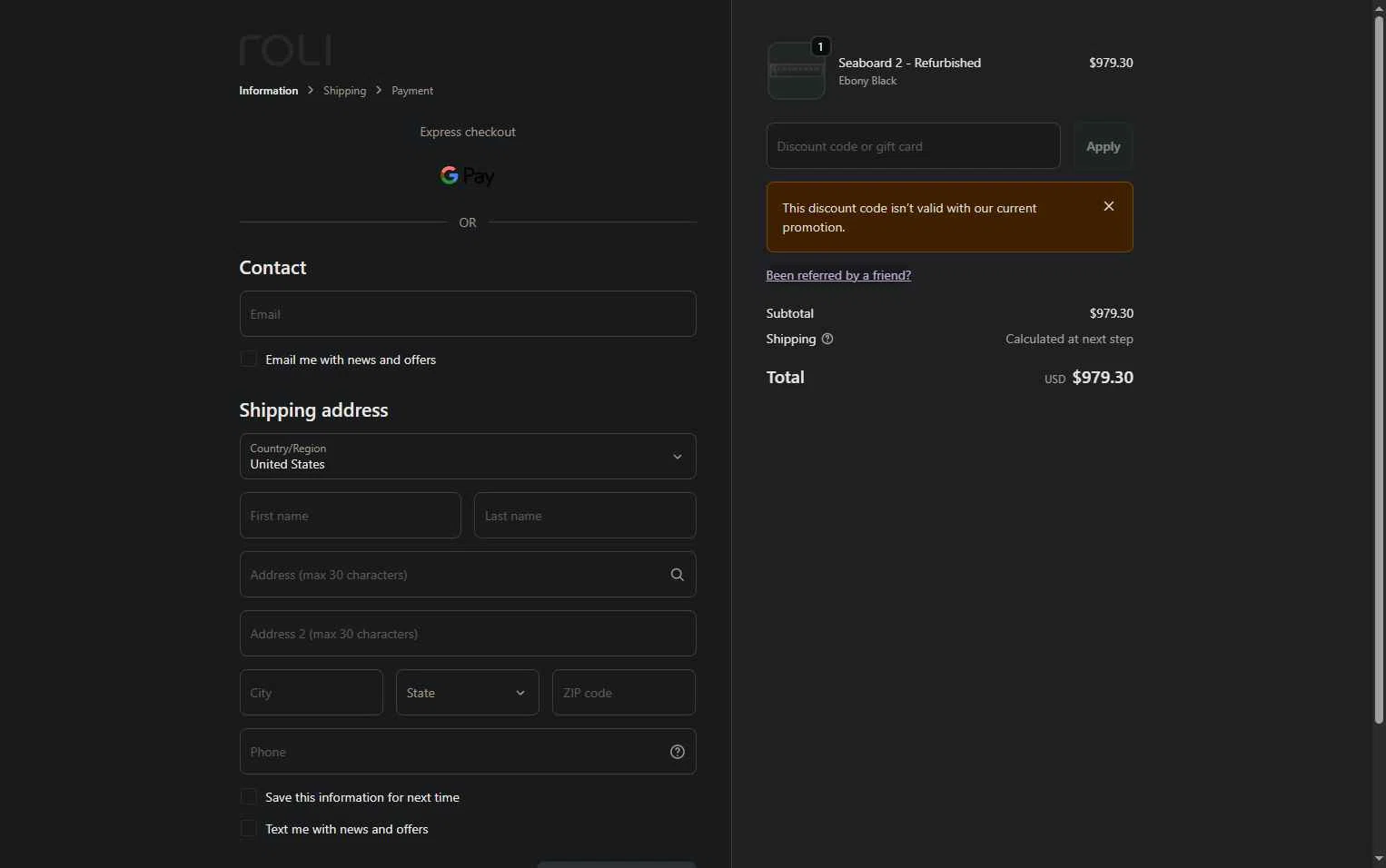 Roli checkout page showing Roli discount code box | Screenshot taken by SimplyCodes community member on Dec 23, 2025