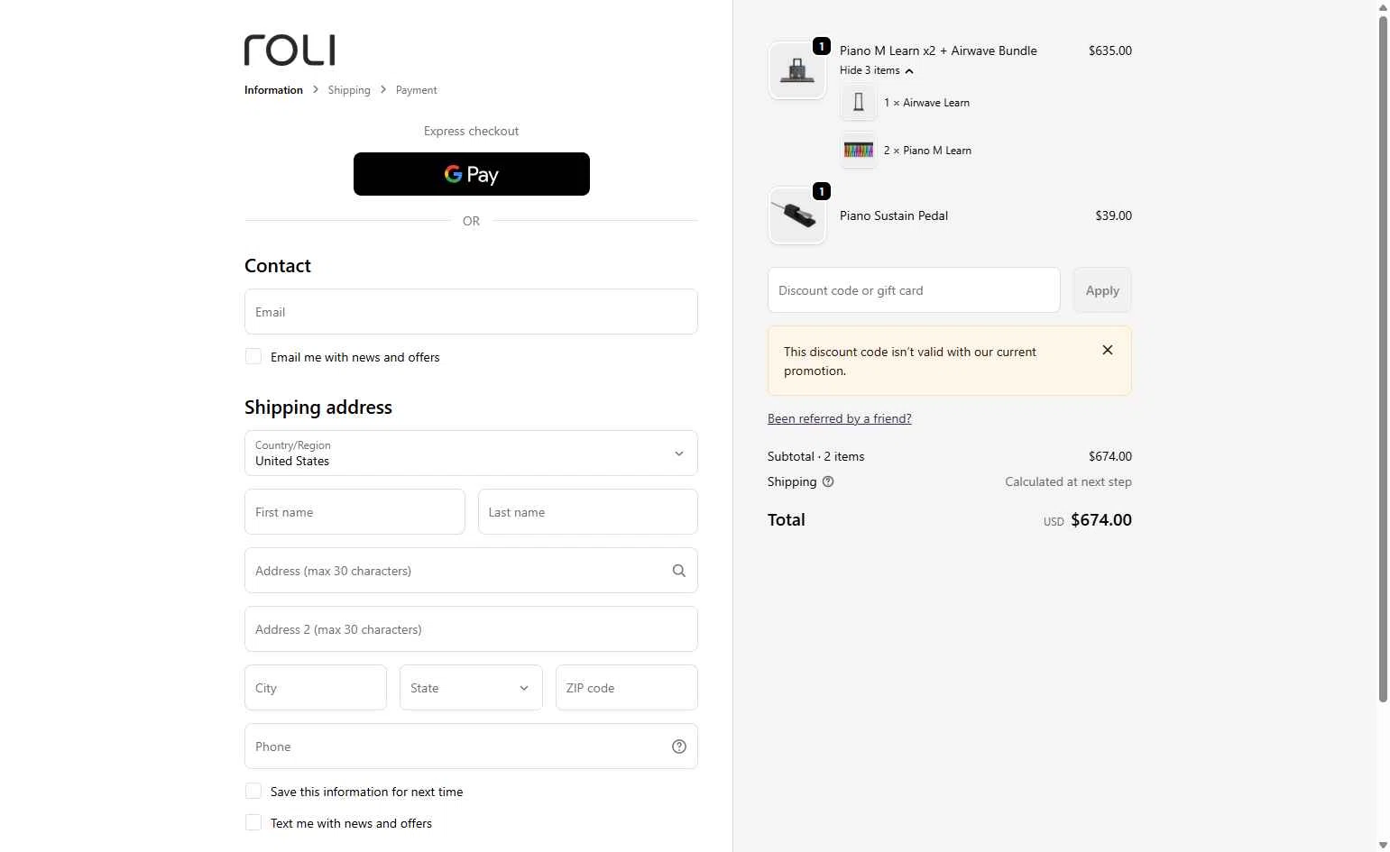 Roli checkout page showing Roli discount code box | Screenshot taken by SimplyCodes community member on Dec 23, 2025