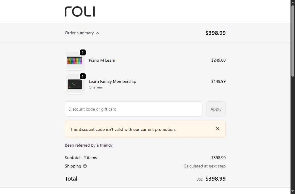 Roli checkout page showing Roli discount code box | Screenshot taken by SimplyCodes community member on Dec 23, 2025