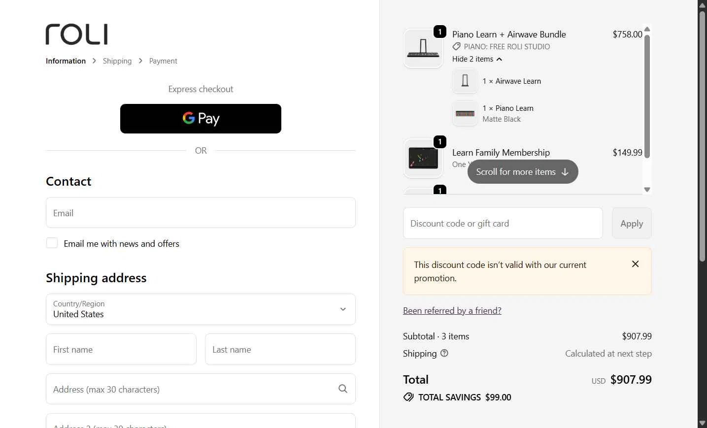 Roli checkout page showing Roli discount code box | Screenshot taken by SimplyCodes community member on Jan 4, 2026