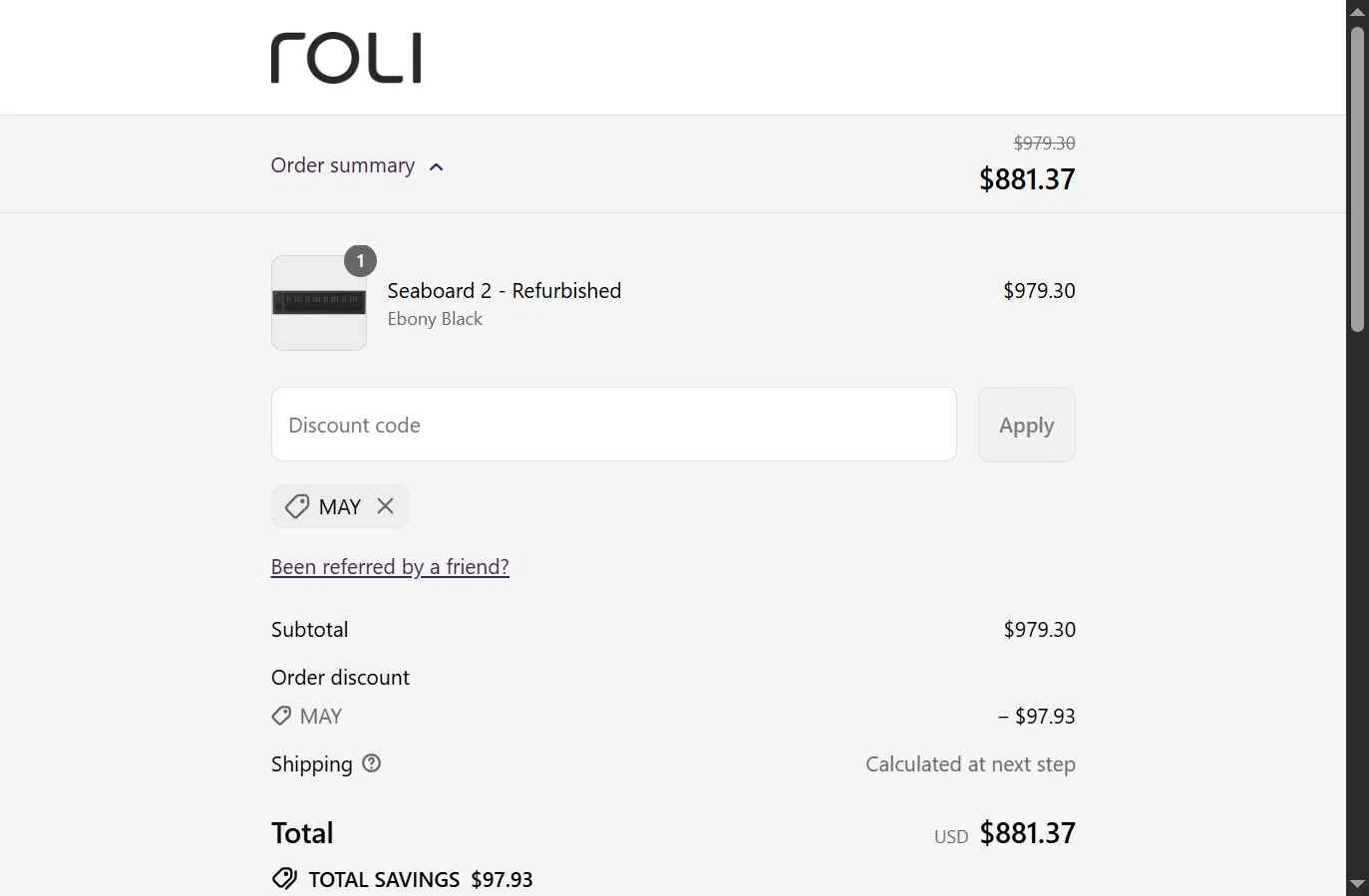 Roli checkout page showing Roli discount code box | Screenshot taken by SimplyCodes community member on Jul 31, 2025
