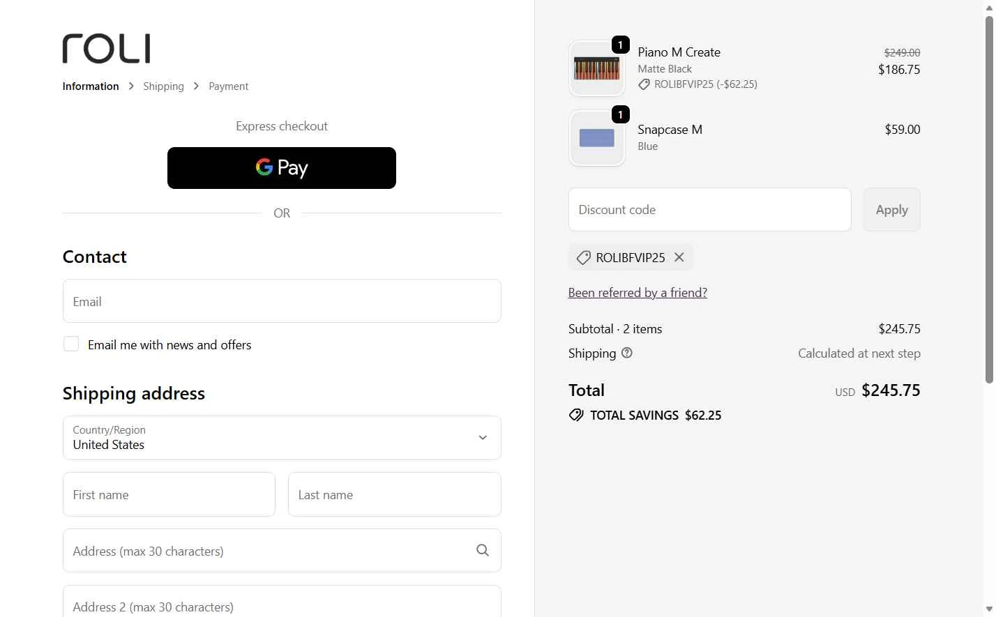 Roli checkout page showing Roli discount code box | Screenshot taken by SimplyCodes community member on Nov 11, 2025