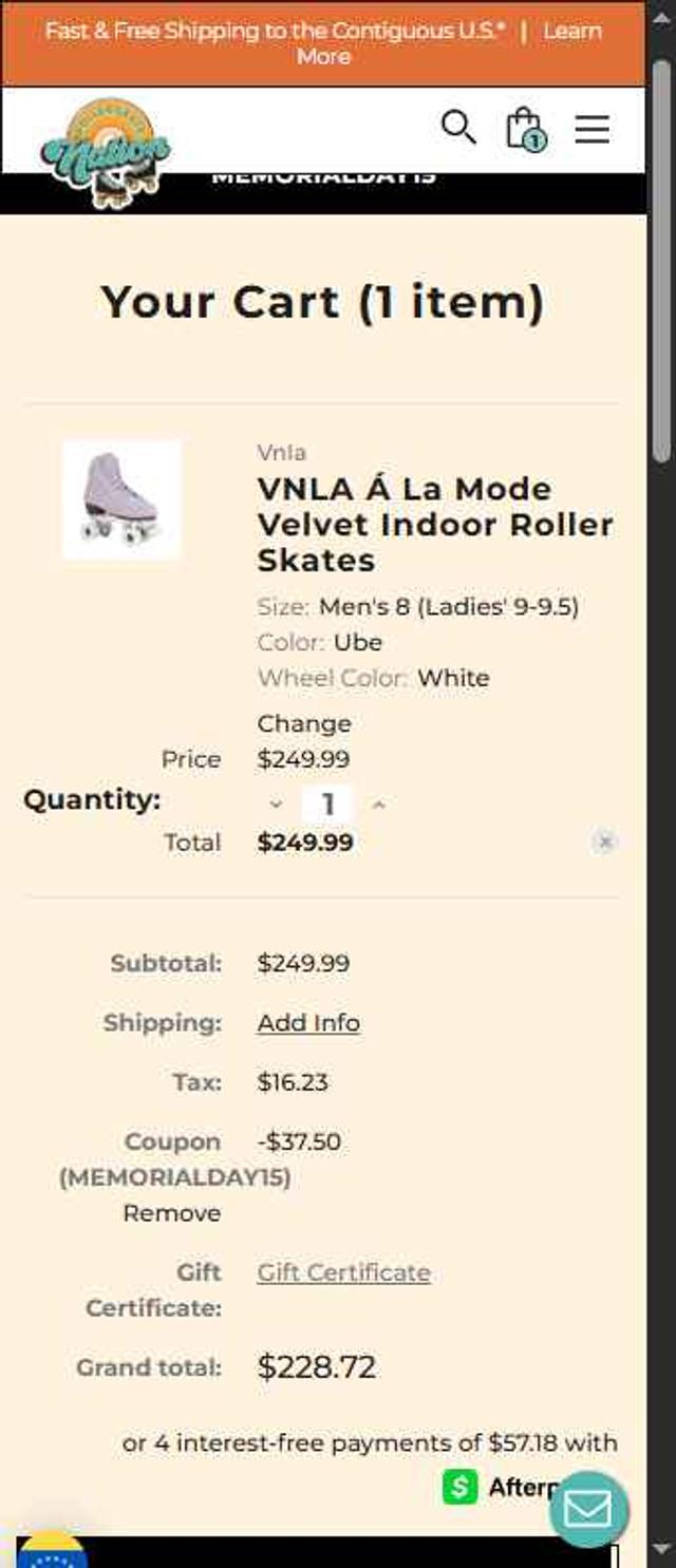 RollerSkateNation checkout page showing RollerSkateNation promo code box | Screenshot taken by SimplyCodes community member on May 28, 2025