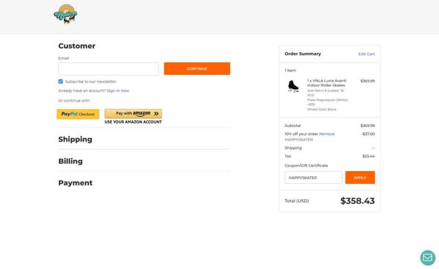 RollerSkateNation checkout page showing RollerSkateNation promo code box | Screenshot taken by SimplyCodes community member on Aug 15, 2025