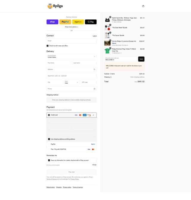 Rollga checkout page showing Rollga discount code box | Screenshot taken by SimplyCodes community member on Sep 8, 2025