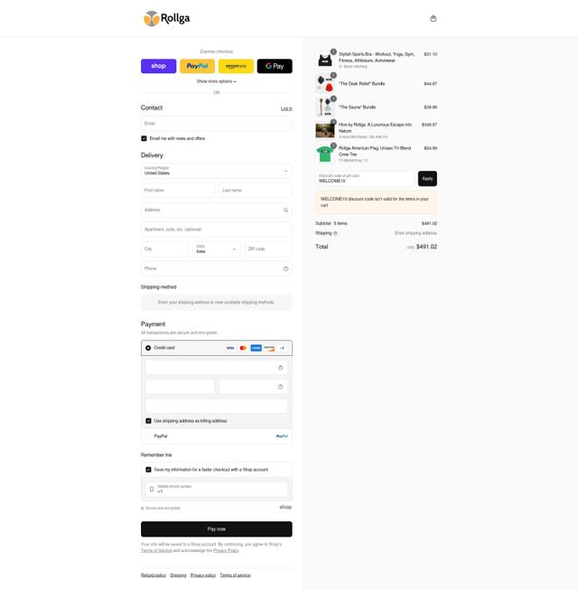 Rollga checkout page showing Rollga discount code box | Screenshot taken by SimplyCodes community member on Aug 30, 2025