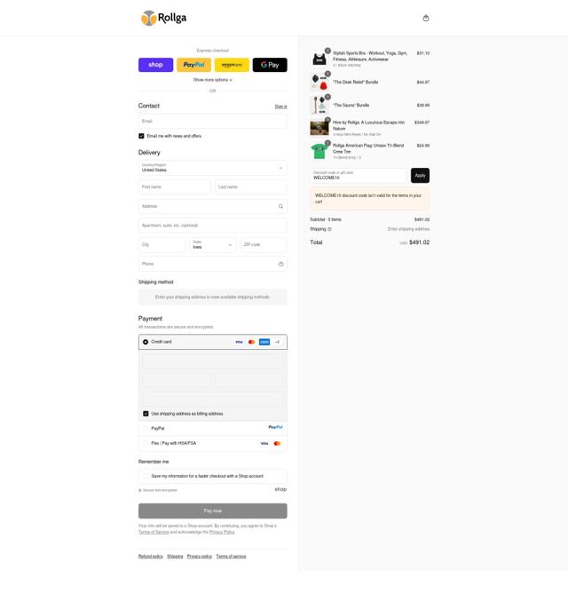 Rollga checkout page showing Rollga discount code box | Screenshot taken by SimplyCodes community member on Sep 12, 2025