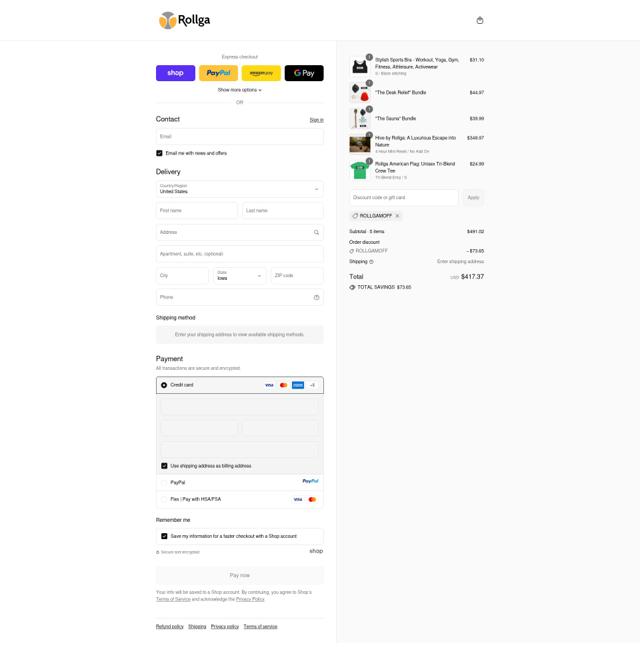 Rollga checkout page showing Rollga discount code box | Screenshot taken by SimplyCodes community member on Sep 12, 2025