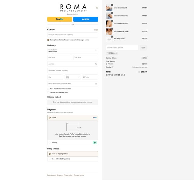 Roma Designer Jewelry checkout page showing Roma Designer Jewelry promo code box | Screenshot taken by SimplyCodes community member on Sep 2, 2025