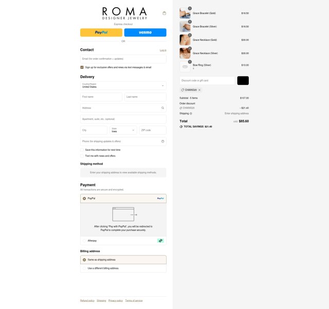 Roma Designer Jewelry checkout page showing Roma Designer Jewelry promo code box | Screenshot taken by SimplyCodes community member on Sep 2, 2025