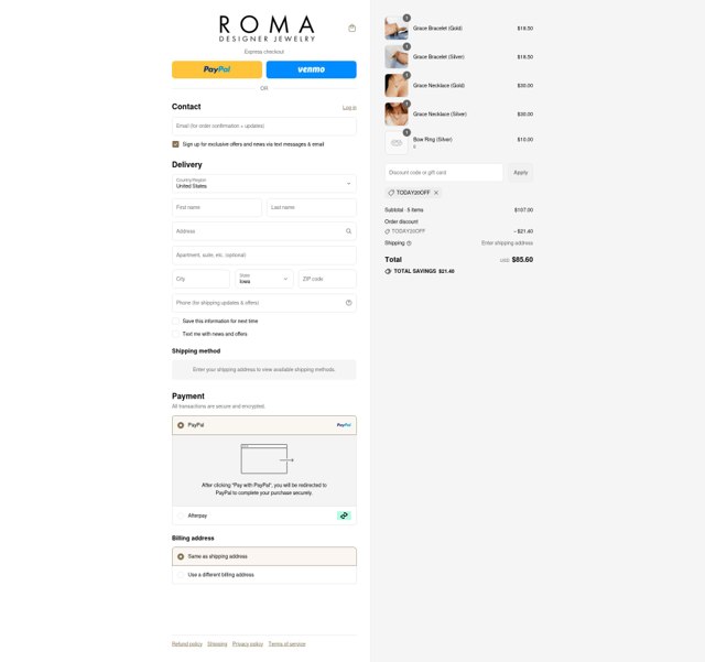 Roma Designer Jewelry checkout page showing Roma Designer Jewelry promo code box | Screenshot taken by SimplyCodes community member on Sep 2, 2025