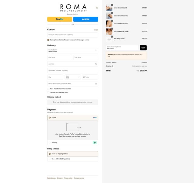 Roma Designer Jewelry checkout page showing Roma Designer Jewelry promo code box | Screenshot taken by SimplyCodes community member on Sep 2, 2025