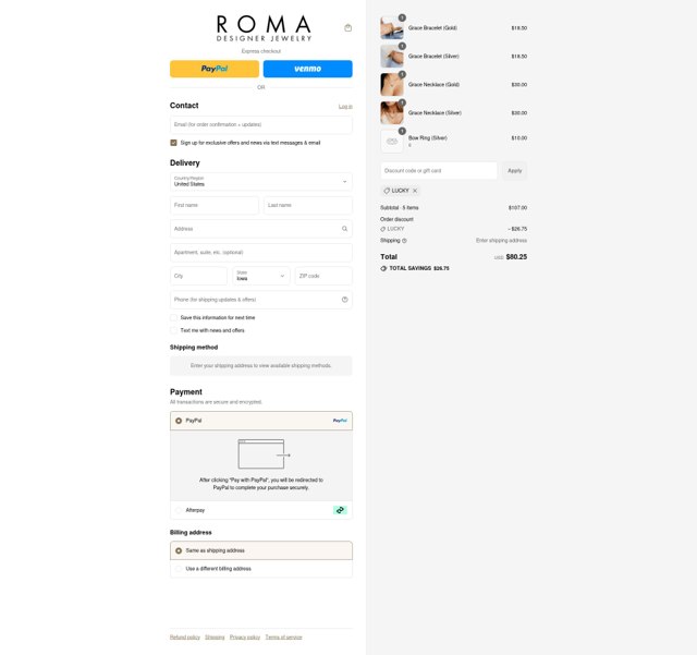 Roma Designer Jewelry checkout page showing Roma Designer Jewelry promo code box | Screenshot taken by SimplyCodes community member on Sep 2, 2025