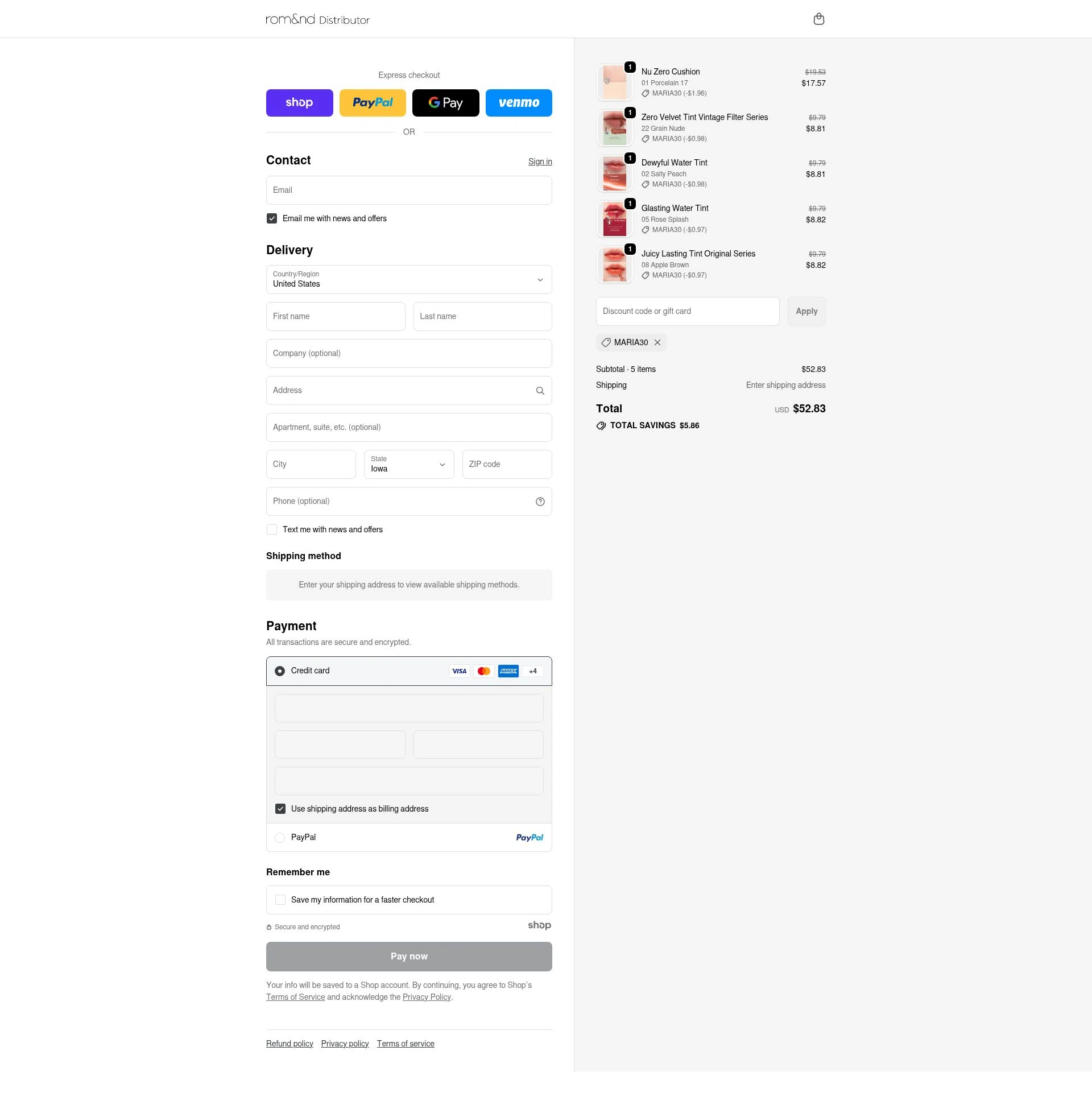 Rom&nd US checkout page showing Rom&nd US promo code box | Screenshot taken by SimplyCodes community member on Dec 23, 2025