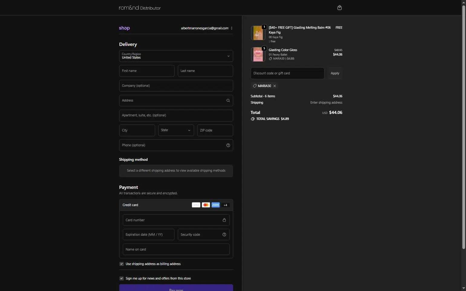 Rom&nd US checkout page showing Rom&nd US promo code box | Screenshot taken by SimplyCodes community member on Dec 23, 2025