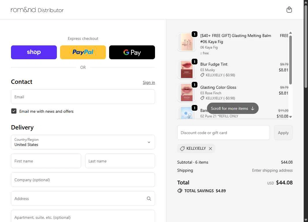 Rom&nd US checkout page showing Rom&nd US promo code box | Screenshot taken by SimplyCodes community member on Dec 28, 2025