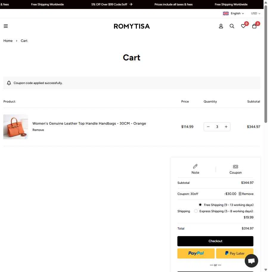 Romy Tisa checkout page showing Romy Tisa promo code box | Screenshot taken by SimplyCodes community member on Dec 2, 2025