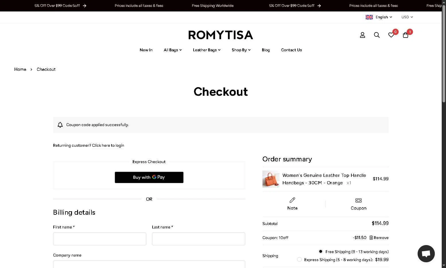 Romy Tisa checkout page showing Romy Tisa promo code box | Screenshot taken by SimplyCodes community member on Sep 14, 2025