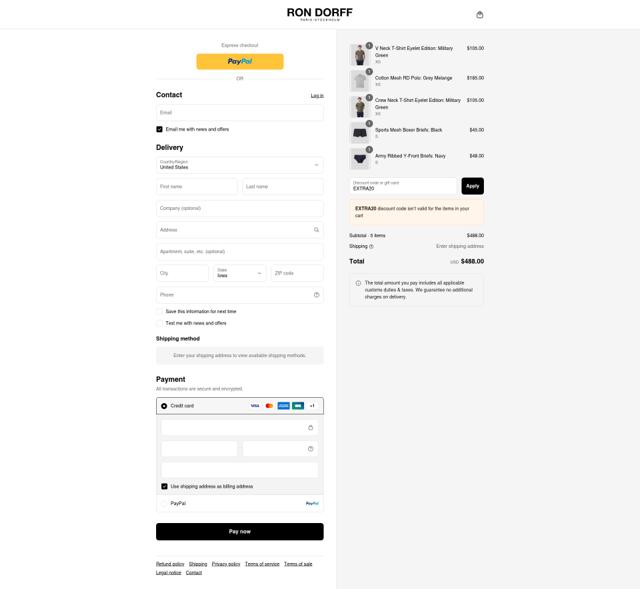 Ron Dorff checkout page showing Ron Dorff coupon code box | Screenshot taken by SimplyCodes community member on Aug 30, 2025