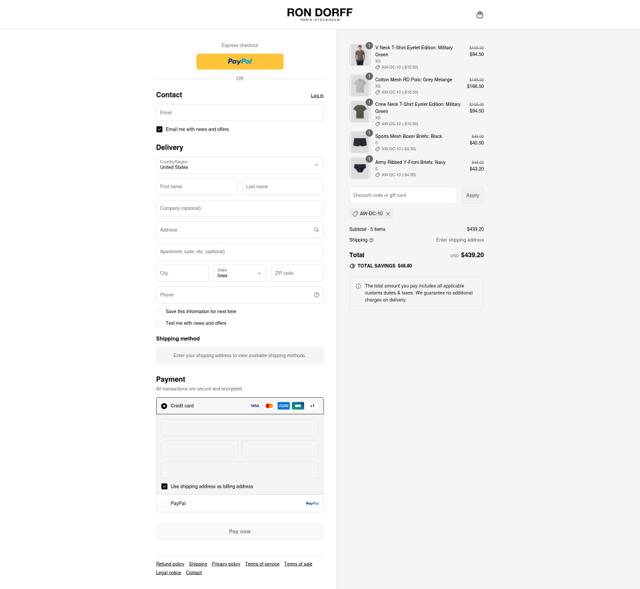 Ron Dorff checkout page showing Ron Dorff coupon code box | Screenshot taken by SimplyCodes community member on Aug 18, 2025