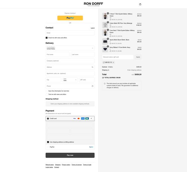 Ron Dorff checkout page showing Ron Dorff coupon code box | Screenshot taken by SimplyCodes community member on Sep 7, 2025