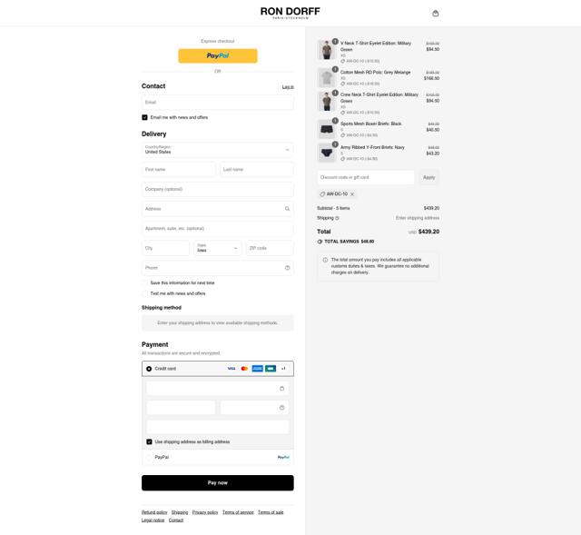 Ron Dorff checkout page showing Ron Dorff coupon code box | Screenshot taken by SimplyCodes community member on Aug 30, 2025