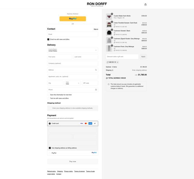 Ron Dorff checkout page showing Ron Dorff coupon code box | Screenshot taken by SimplyCodes community member on Sep 14, 2025