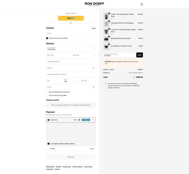 Ron Dorff checkout page showing Ron Dorff coupon code box | Screenshot taken by SimplyCodes community member on Aug 26, 2025