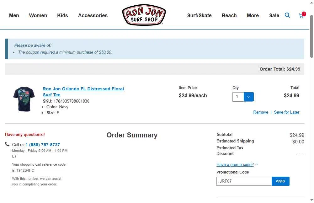 Ron Jon Surf Shop checkout page showing Ron Jon Surf Shop promo code box | Screenshot taken by SimplyCodes community member on Nov 8, 2025