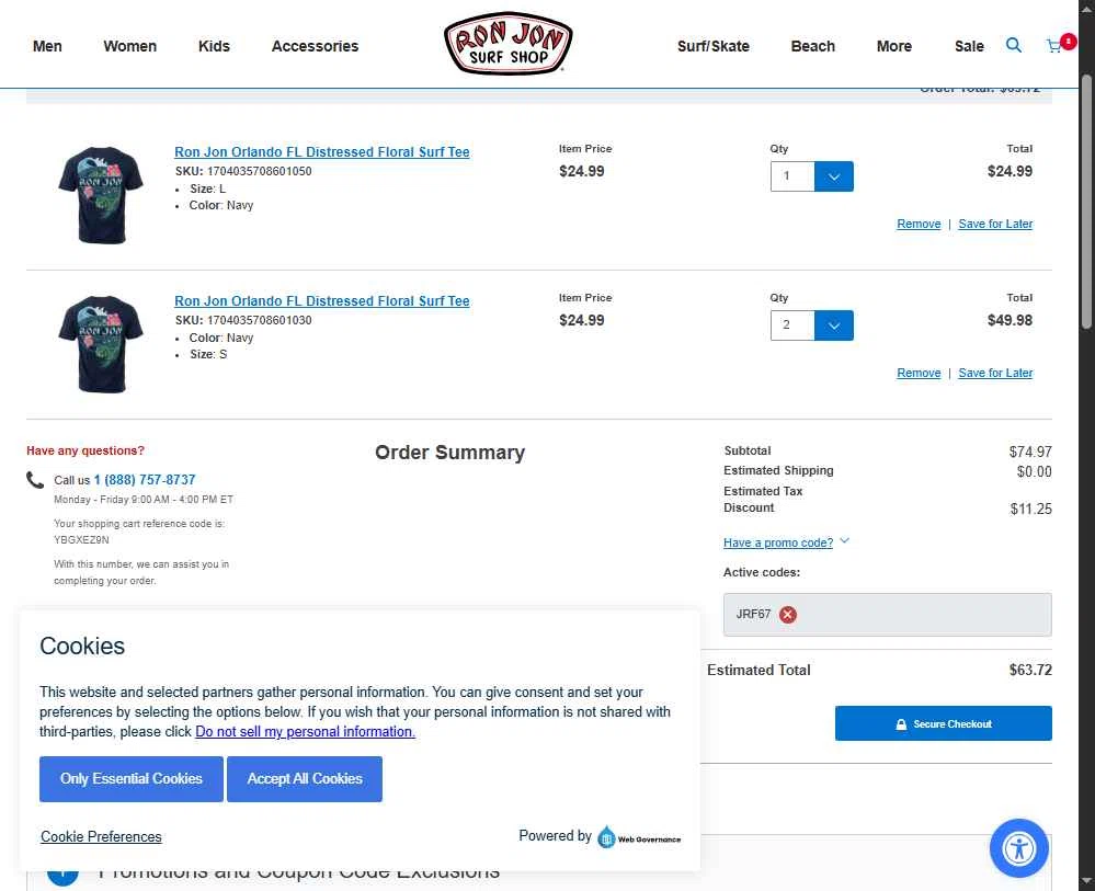 Ron Jon Surf Shop checkout page showing Ron Jon Surf Shop promo code box | Screenshot taken by SimplyCodes community member on Dec 24, 2025