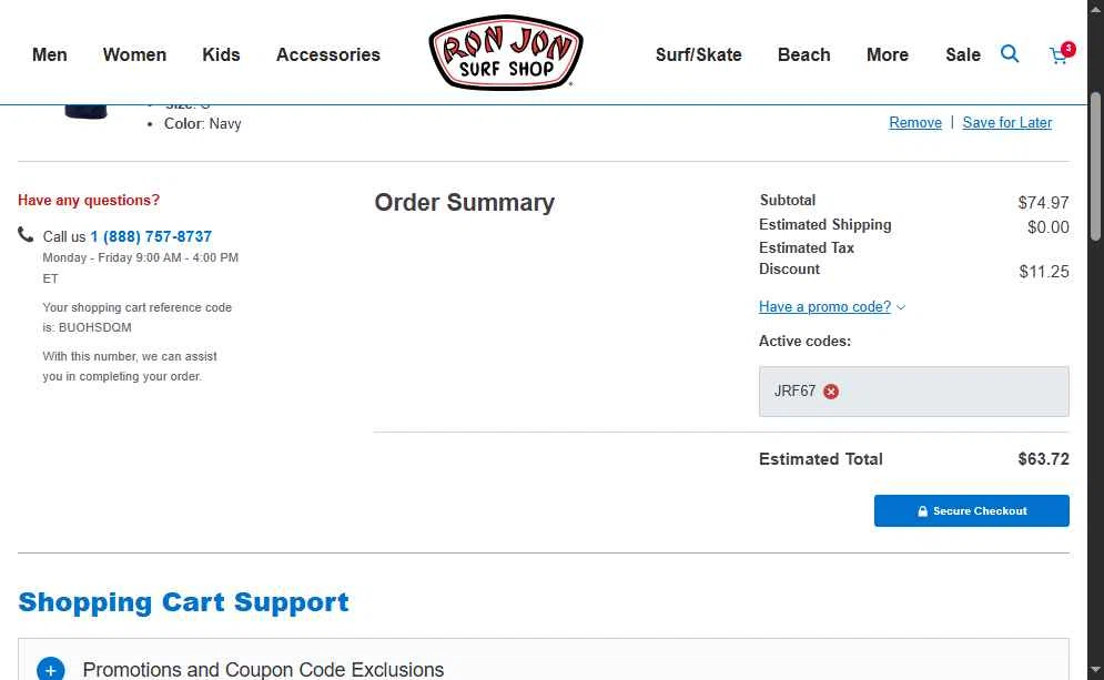 Ron Jon Surf Shop checkout page showing Ron Jon Surf Shop promo code box | Screenshot taken by SimplyCodes community member on Nov 25, 2025