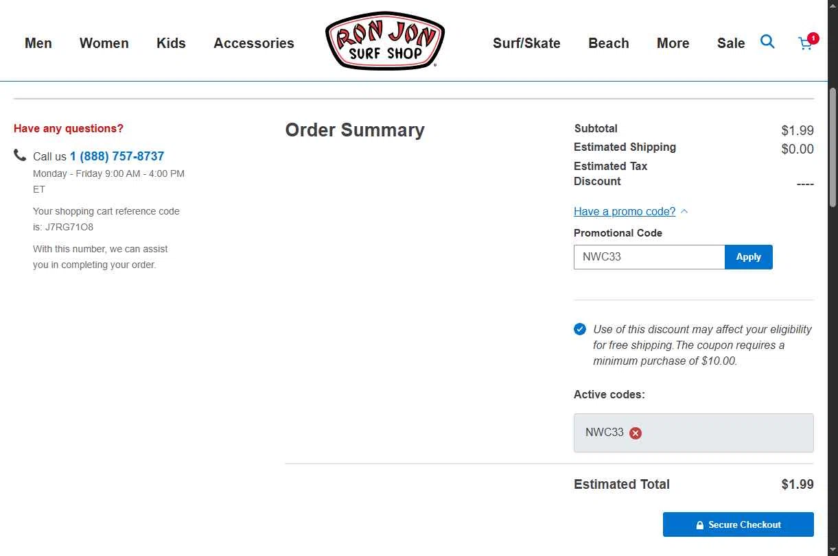 Ron Jon Surf Shop checkout page showing Ron Jon Surf Shop promo code box | Screenshot taken by SimplyCodes community member on Dec 2, 2025