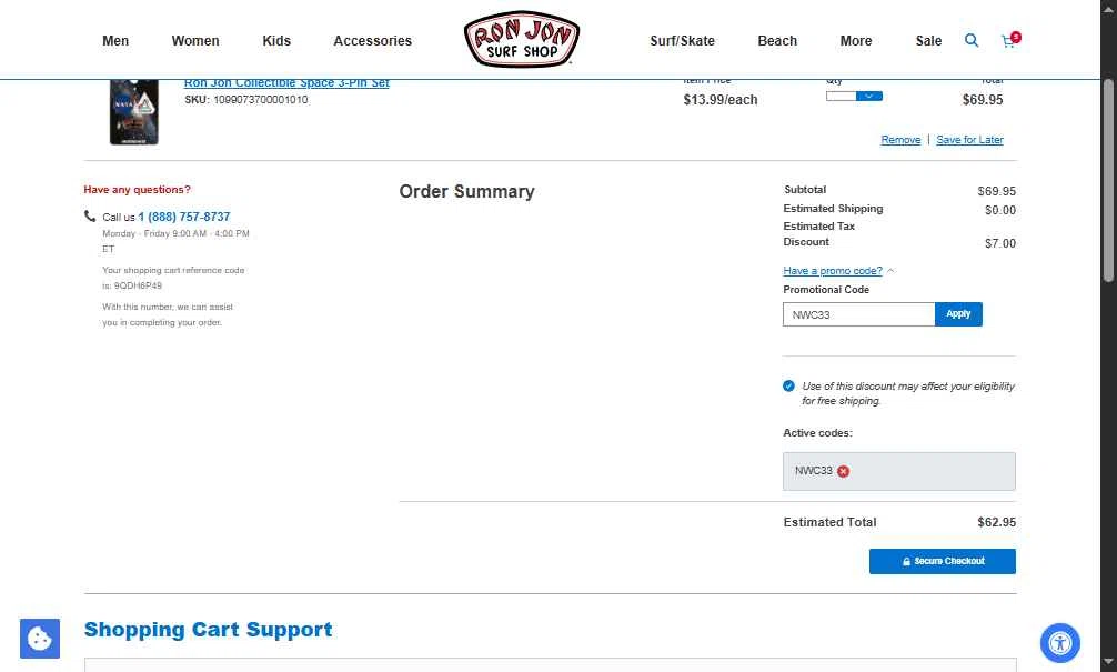 Ron Jon Surf Shop checkout page showing Ron Jon Surf Shop promo code box | Screenshot taken by SimplyCodes community member on Dec 31, 2025