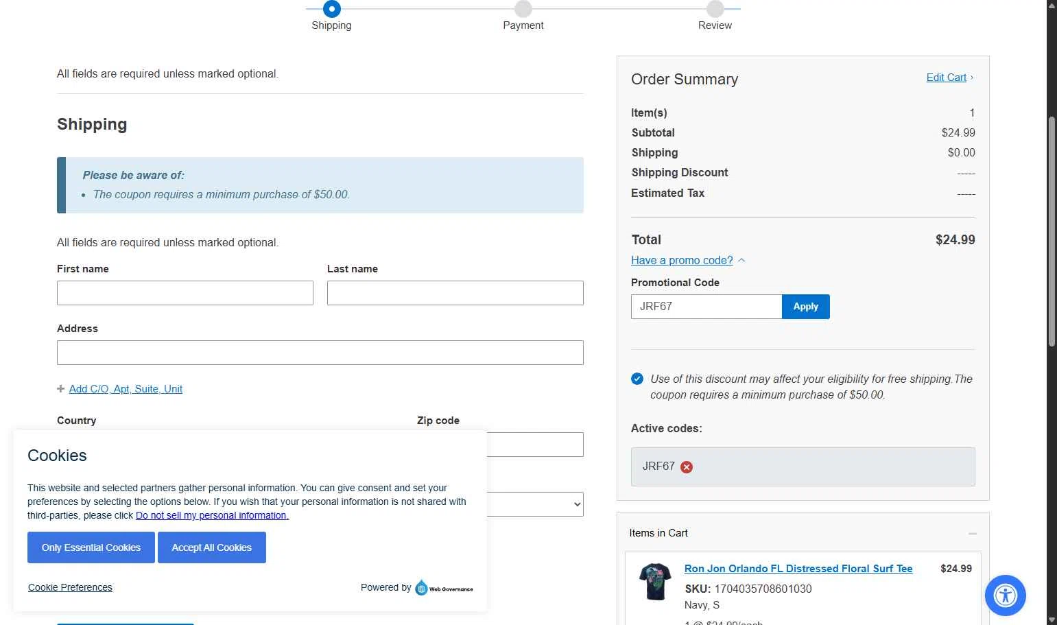 Ron Jon Surf Shop checkout page showing Ron Jon Surf Shop promo code box | Screenshot taken by SimplyCodes community member on Nov 8, 2025