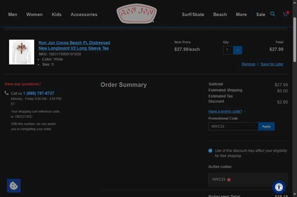 Ron Jon Surf Shop checkout page showing Ron Jon Surf Shop promo code box | Screenshot taken by SimplyCodes community member on Nov 3, 2025