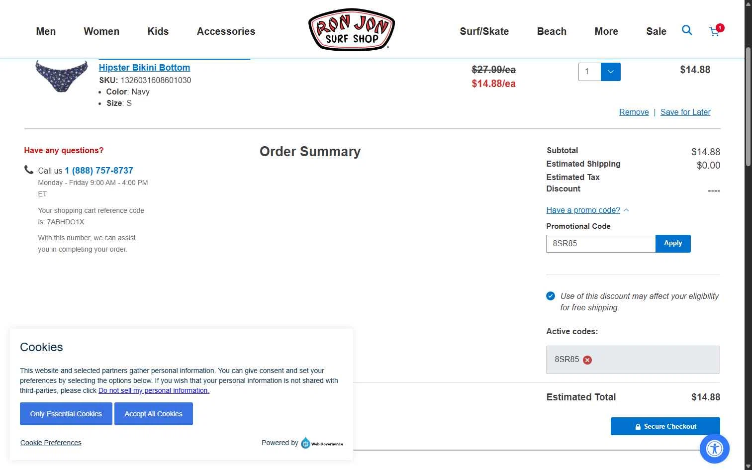 Ron Jon Surf Shop checkout page showing Ron Jon Surf Shop promo code box | Screenshot taken by SimplyCodes community member on Oct 13, 2025