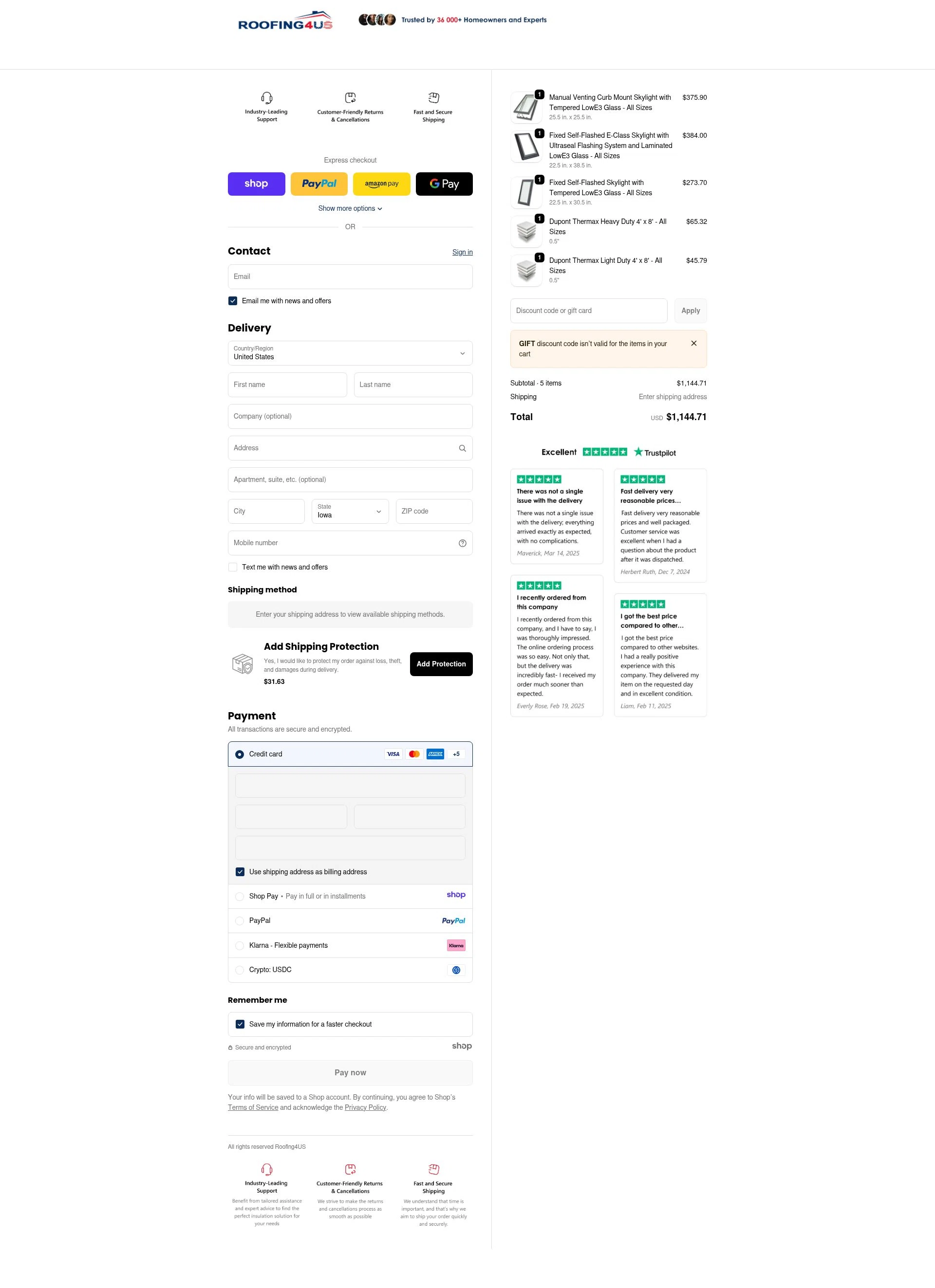 Roofing4US checkout page showing Roofing4US promo code box | Screenshot taken by SimplyCodes community member on Jan 2, 2026